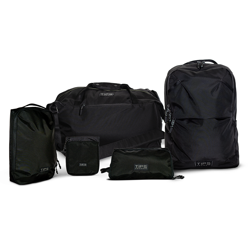 TIPS Large Backpack, Duffle Bag, Shoe Bag, Travel Kit, Valuables Pouch - Black