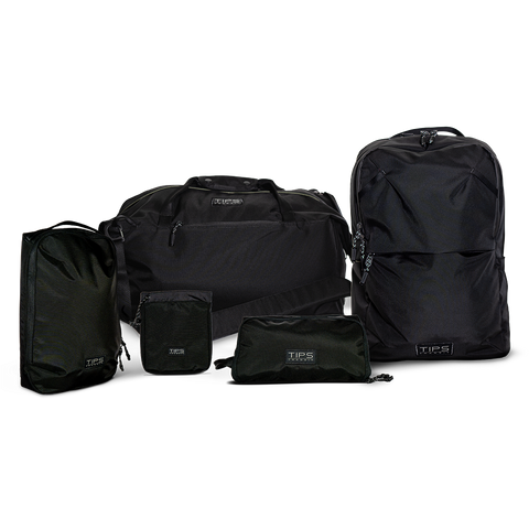 TIPS Large Backpack, Duffle Bag, Shoe Bag, Travel Kit, Valuables Pouch - Black
