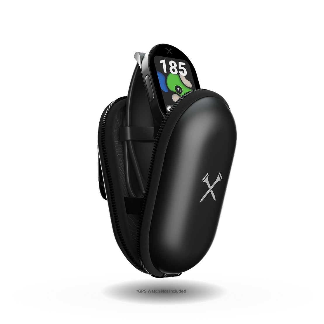 A black GPS watch case with a zipper, holding an exposed watch displaying the number 185. The case has a logo featuring two crossed golf clubs.